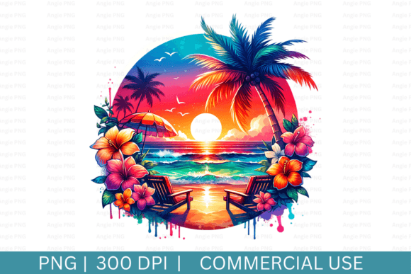 Summer, Watercolor Tropical Beach PNG